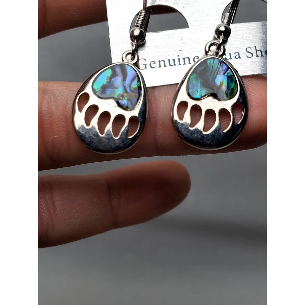 Paua Shell Bear Paw Dangle Earrings Silver Tone Genuine‎ Abalone Iridescent New
